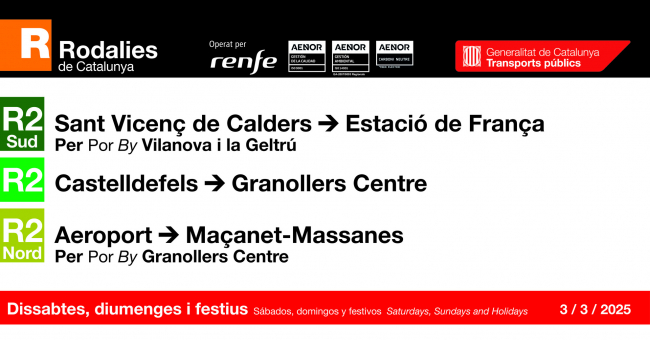 Tabla de horarios y frecuencias de paso en sentido vuelta los días festivos Línea R2: Castelldefels - Granollers Centre