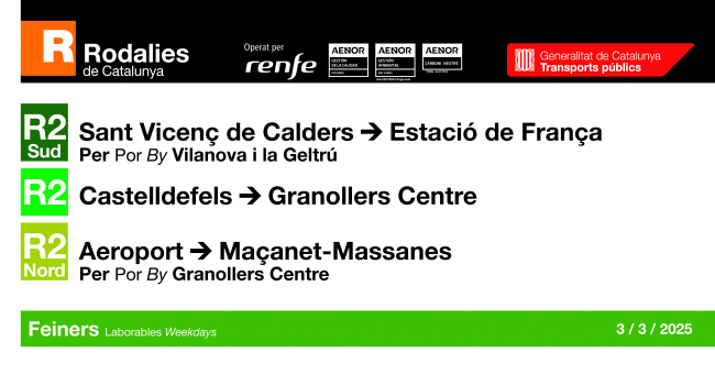 Tabla de horarios y frecuencias de paso en sentido vuelta los días laborables Línea R2: Castelldefels - Granollers Centre