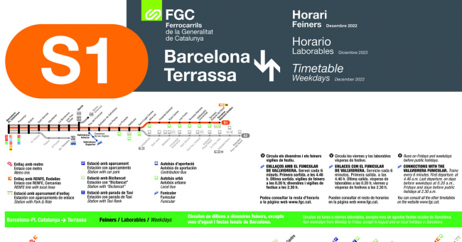 Tabla de horarios y frecuencias de paso en sentido ida los días laborables Línea S1: Barcelona - Plaça Catalunya - Terrassa