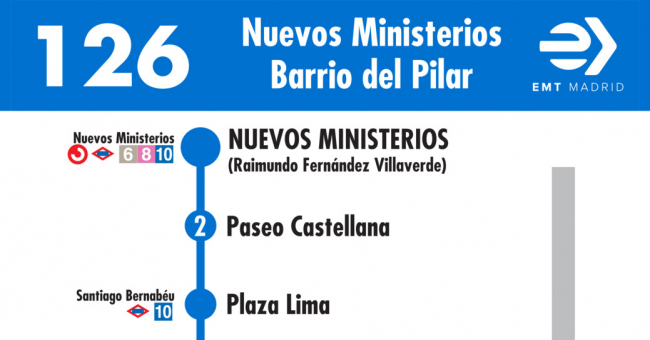 Tabla de horarios y frecuencias de paso en sentido ida Línea 126: Nuevos Ministerios - Barrio del Pilar