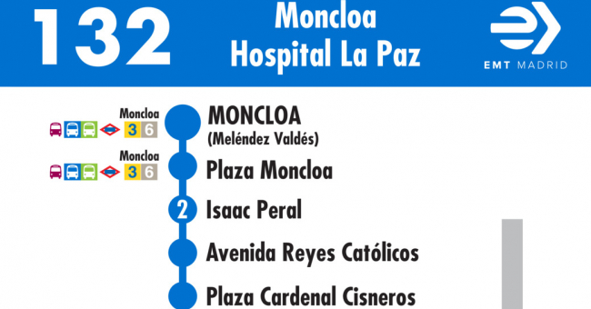 Tabla de horarios y frecuencias de paso en sentido ida Línea 132: Moncloa - Hospital la Paz