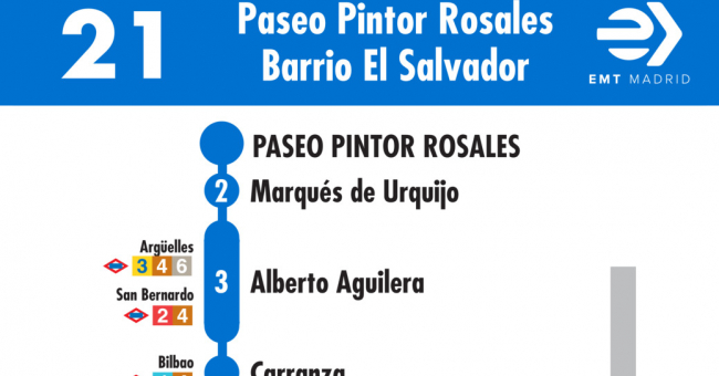 Tabla de horarios y frecuencias de paso en sentido ida Línea 21: Paseo del Pintor Rosales - Barrio del Salvador