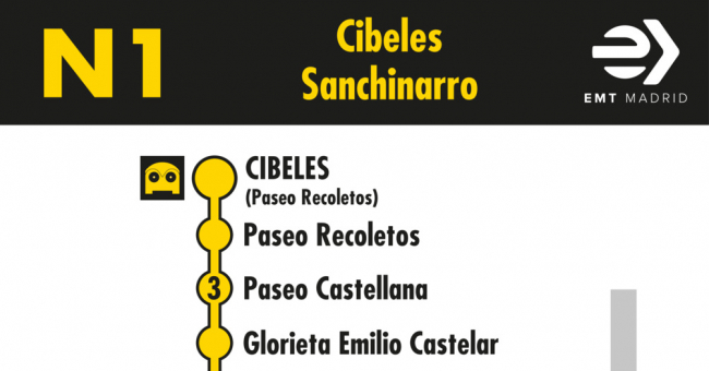 Tabla de horarios y frecuencias de paso en sentido ida Línea N1: Plaza de Cibeles - Sanchinarro (búho)