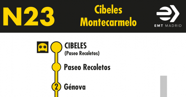 Tabla de horarios y frecuencias de paso en sentido ida Línea N23: Plaza de Cibeles - Montecarmelo (búho)