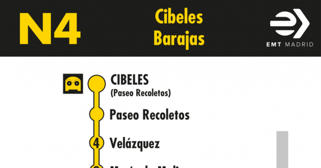 Tabla de horarios y frecuencias de paso en sentido ida Línea N4: Plaza de Cibeles - Barajas (búho)