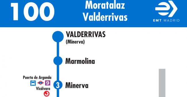 Tabla de horarios y frecuencias de paso en sentido vuelta Línea 100: Moratalaz - Valderrivas