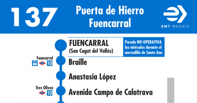 Tabla de horarios y frecuencias de paso en sentido vuelta Línea 137: Ciudad Puerta de Hierro - Fuencarral
