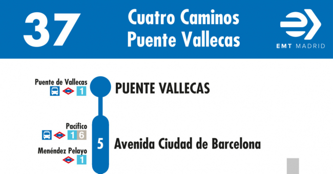 Tabla de horarios y frecuencias de paso en sentido vuelta Línea 37: Glorieta de Cuatro Caminos - Puente de Vallecas