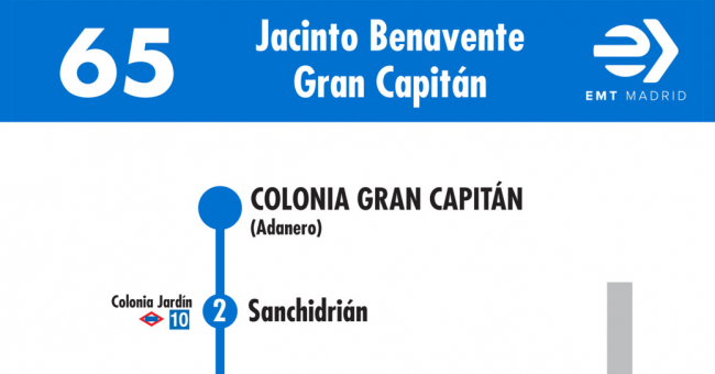 Tabla de horarios y frecuencias de paso en sentido vuelta Línea 65: Plaza de Benavente - Colonia Gran Capitán