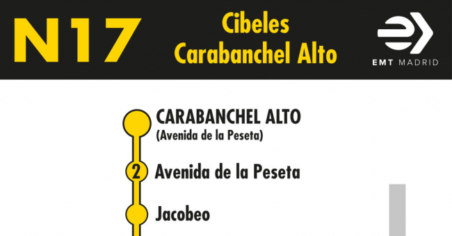 Tabla de horarios y frecuencias de paso en sentido vuelta Línea N17: Plaza de Cibeles - Carabanchel Alto (búho)