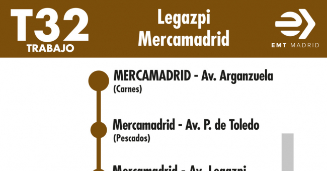 Tabla de horarios y frecuencias de paso en sentido vuelta Línea T32: Plaza de Legazpi - Mercamadrid