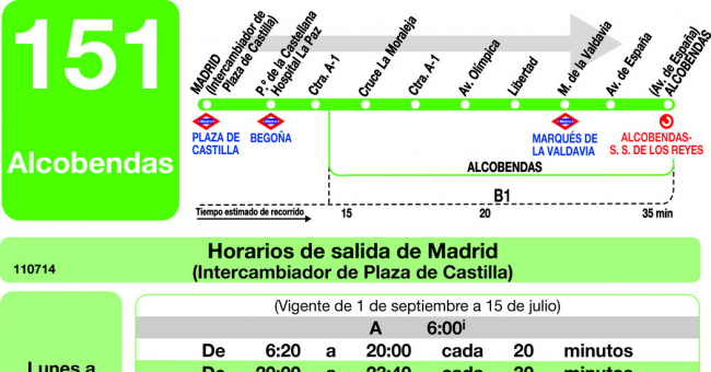 Tabla de horarios y frecuencias de paso en sentido ida Línea 151: Madrid (Plaza Castilla) - Alcobendas