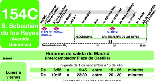 Tabla de horarios y frecuencias de paso en sentido ida Línea 154-C: Madrid (Plaza Castilla) - San Sebastián de los Reyes