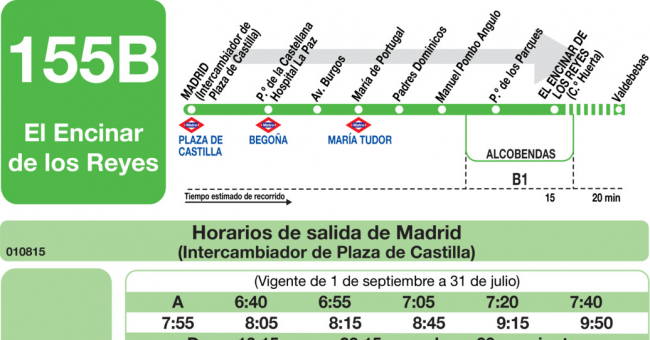 Tabla de horarios y frecuencias de paso en sentido ida Línea 155-B: Madrid (Plaza Castilla) - El Encinar de los Reyes