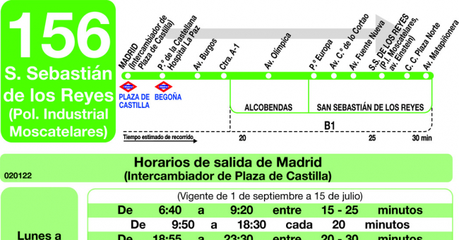 Tabla de horarios y frecuencias de paso en sentido ida Línea 156: Madrid (Plaza Castilla) - San Sebastián de los Reyes (Moscatelares)