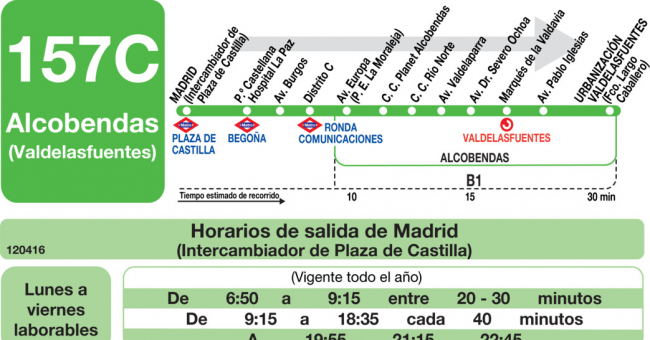 Tabla de horarios y frecuencias de paso en sentido ida Línea 157-C: Madrid (Plaza Castilla) - Alcobendas (Valdelasfuentes)