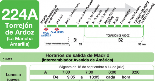 Tabla de horarios y frecuencias de paso en sentido ida Línea 224-A: Madrid (Avenida América) - Torrejón de Ardoz (La Mancha Amarilla)