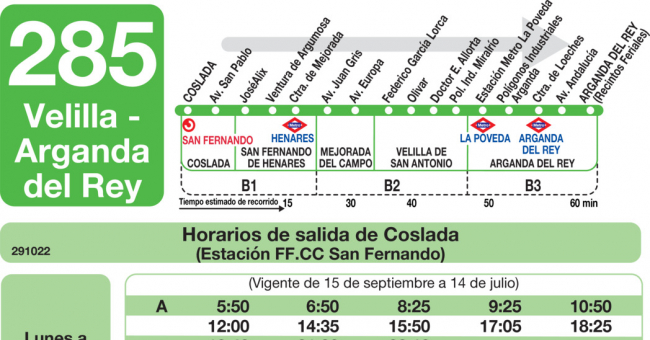 Tabla de horarios y frecuencias de paso en sentido ida Línea 285: Coslada (San Fernando RENFE) - Velilla - Arganda del Rey