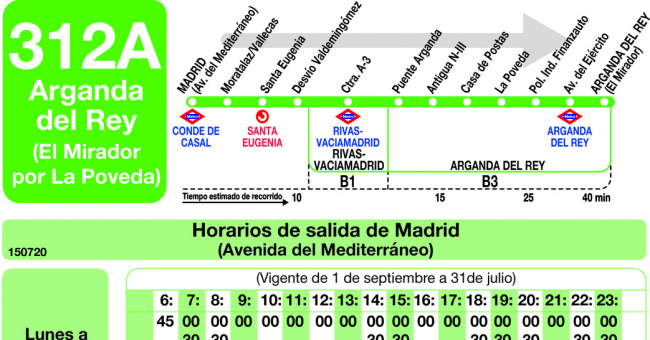 Tabla de horarios y frecuencias de paso en sentido ida Línea 312-A: Madrid (Conde Casal) - Arganda (El Mirador) - La Poveda