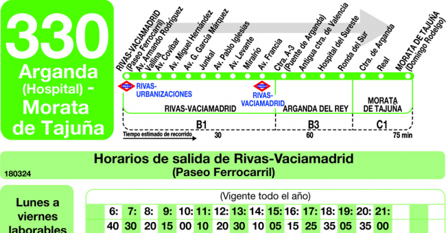 Tabla de horarios y frecuencias de paso en sentido ida Línea 330: Rivas - Arganda (Hospital) - Morata