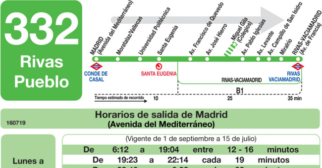Tabla de horarios y frecuencias de paso en sentido ida Línea 332: Madrid (Conde de Casal) - Rivas (Pueblo)