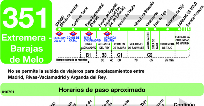 Tabla de horarios y frecuencias de paso en sentido ida Línea 351: Madrid (Ronda Atocha) - Estremera - Barajas de Melo