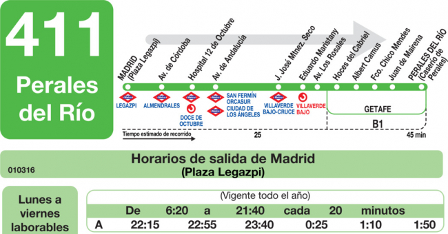 Tabla de horarios y frecuencias de paso en sentido ida Línea 411: Madrid (Legazpi) - Perales del Río