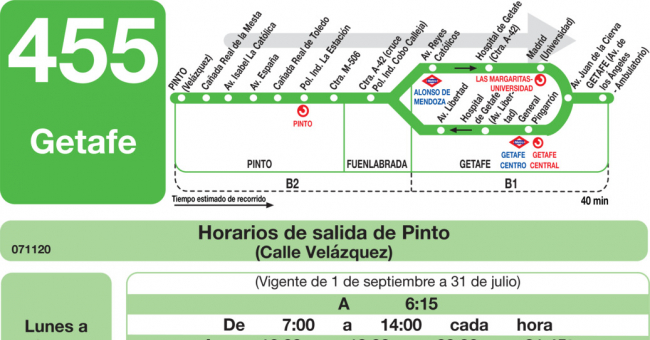 Tabla de horarios y frecuencias de paso en sentido ida Línea 455: Getafe - Pinto