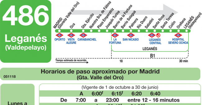Tabla de horarios y frecuencias de paso en sentido ida Línea 486: Madrid (Plaza Elíptica) - Leganés (Valdepelayo)