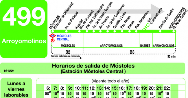 Tabla de horarios y frecuencias de paso en sentido ida Línea 499: Móstoles - Arroyomolinos