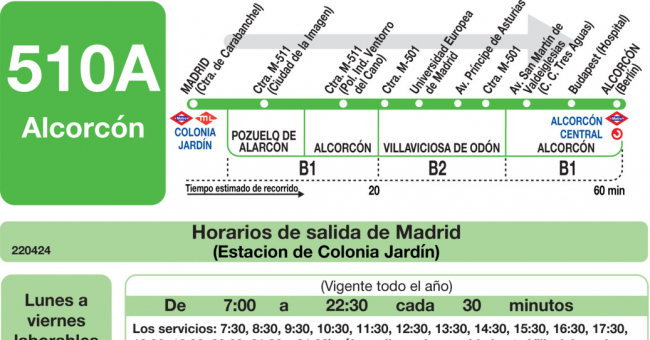 Tabla de horarios y frecuencias de paso en sentido ida Línea 510-A: Alcorcón (Puerta del Sur) - Villaviciosa de Odón