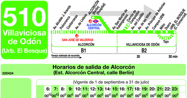 Tabla de horarios y frecuencias de paso en sentido ida Línea 510: Alcorcón - Villaviciosa de Odón - El Bosque