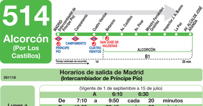 Tabla de horarios y frecuencias de paso en sentido ida Línea 514: Madrid (Príncipe Pío) - Alcorcón (Los Castillos)