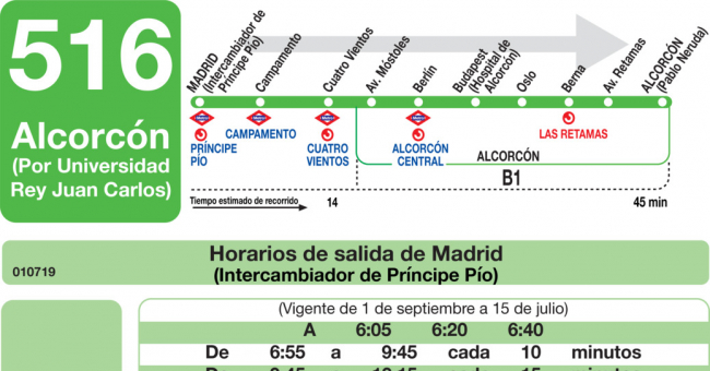 Tabla de horarios y frecuencias de paso en sentido ida Línea 516: Madrid (Príncipe Pío) - Alcorcón (Universidad Rey Juan Carlos)