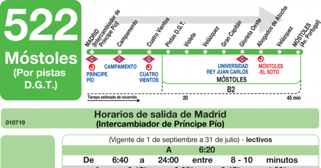 Tabla de horarios y frecuencias de paso en sentido ida Línea 522: Madrid (Príncipe Pío) - Móstoles (DGT)