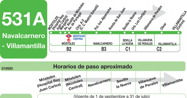 Tabla de horarios y frecuencias de paso en sentido ida Línea 531-A: Móstoles (Hospital) - Navalcarnero - Villamantilla