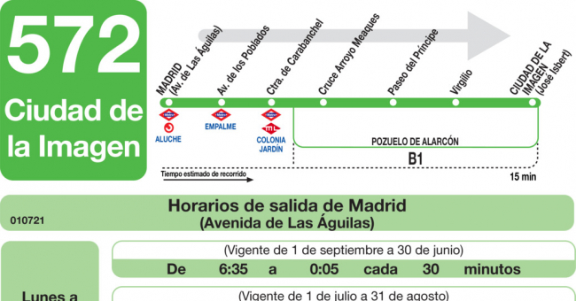 Tabla de horarios y frecuencias de paso en sentido ida Línea 572: Madrid (Aluche) - Ciudad de la Imagen
