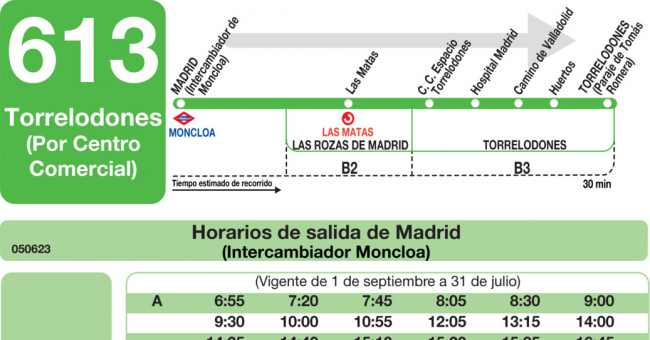 Tabla de horarios y frecuencias de paso en sentido ida Línea 613: Madrid (Moncloa) - Torrelodones (Hospital)