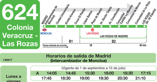 Tabla de horarios y frecuencias de paso en sentido ida Línea 624: Madrid (Moncloa) - Colegio Veracruz - Las Rozas