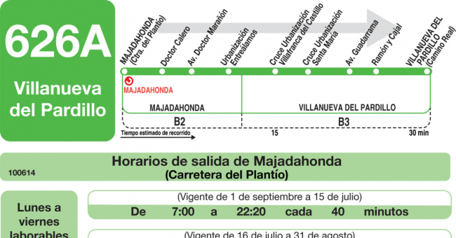 Tabla de horarios y frecuencias de paso en sentido ida Línea 626-A: Majadahonda (RENFE) - Villanueva del Pardillo