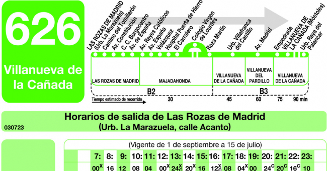 Tabla de horarios y frecuencias de paso en sentido ida Línea 626: Las Rozas - Majadahonda - Villanueva Cañada