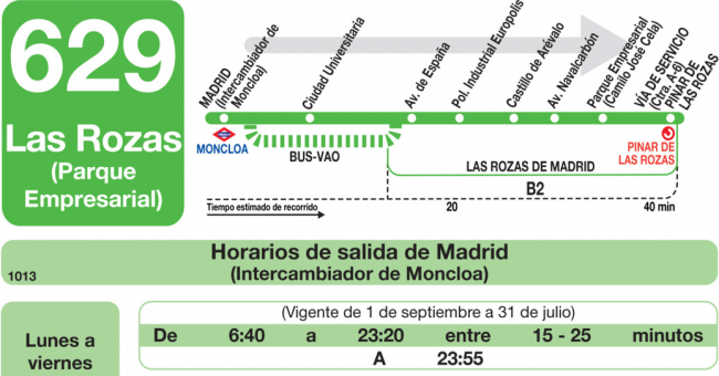 Tabla de horarios y frecuencias de paso en sentido ida Línea 629: Madrid (Moncloa) - Las Rozas (Parque Empresarial)