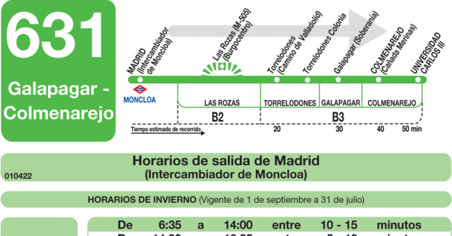 Tabla de horarios y frecuencias de paso en sentido ida Línea 631: Madrid (Moncloa) - Torrelodones (Colonia) - Galapagar - Colmenarejo