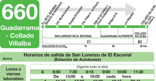 Tabla de horarios y frecuencias de paso en sentido ida Línea 660: San Lorenzo de El Escorial - Guadarrama - Villalba