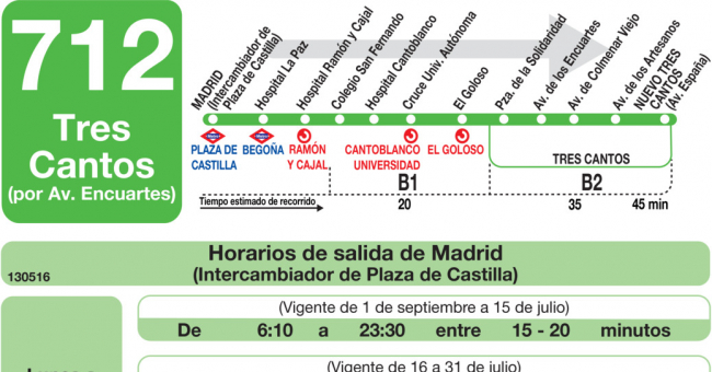 Tabla de horarios y frecuencias de paso en sentido ida Línea 712: Madrid (Plaza Castilla) - Tres Cantos (Avenida Viñuelas)
