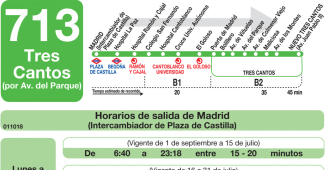 Tabla de horarios y frecuencias de paso en sentido ida Línea 713: Madrid (Plaza Castilla) - Tres Cantos (Avenida Encuartes)