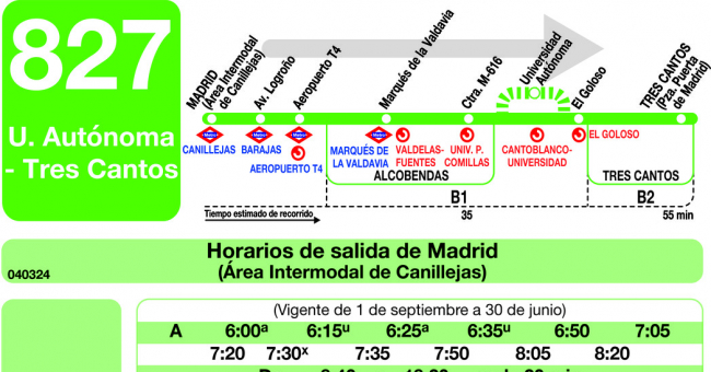 Tabla de horarios y frecuencias de paso en sentido ida Línea 827: Madrid (Canillejas) - Alcobendas - Universidad Autónoma - Tres Cantos