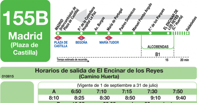 Tabla de horarios y frecuencias de paso en sentido vuelta Línea 155-B: Madrid (Plaza Castilla) - El Encinar de los Reyes
