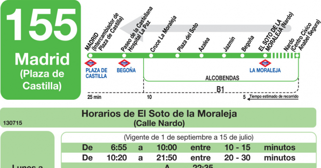 Tabla de horarios y frecuencias de paso en sentido vuelta Línea 155: Madrid (Plaza Castilla) - El Soto de la Moraleja