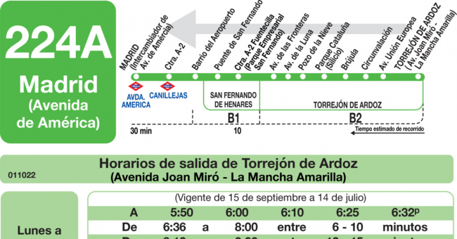 Tabla de horarios y frecuencias de paso en sentido vuelta Línea 224-A: Madrid (Avenida América) - Torrejón de Ardoz (La Mancha Amarilla)